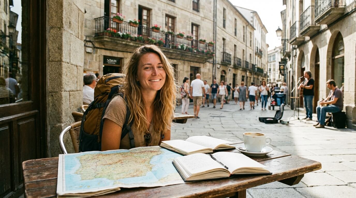 Cestovateľ v kaviarni v Španielsku študuje mapu a poznámky