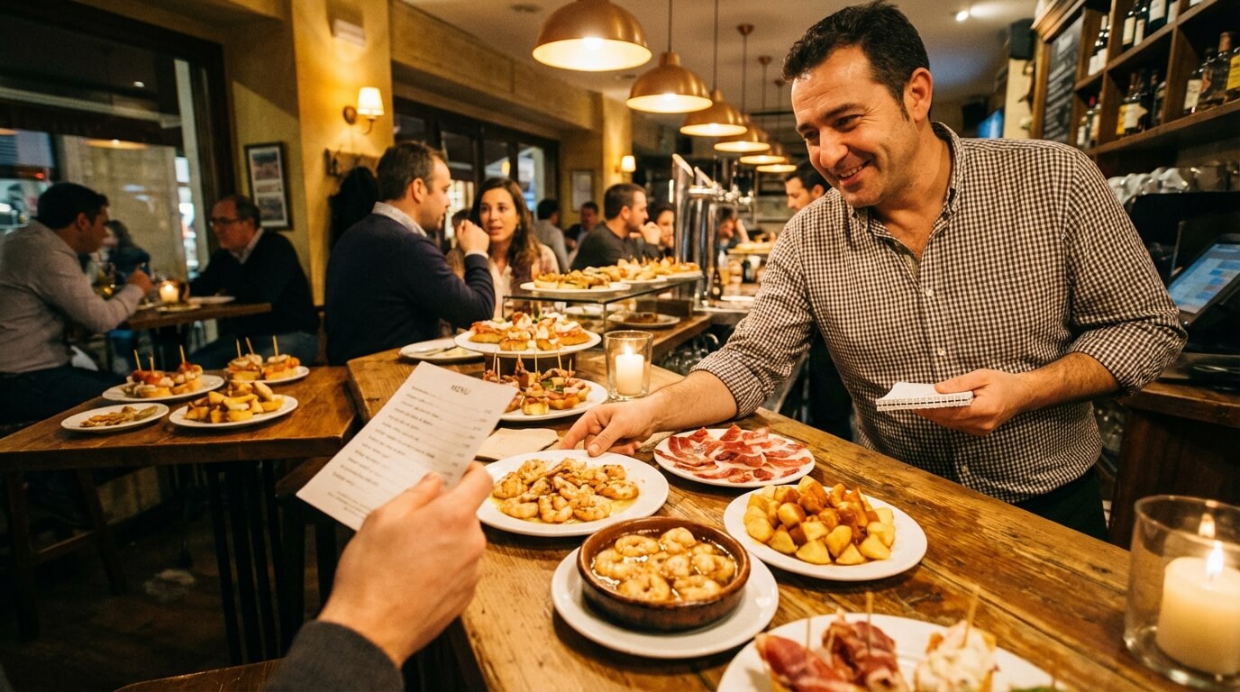 Pohľad na objednávanie tapas v španielskej reštaurácii
