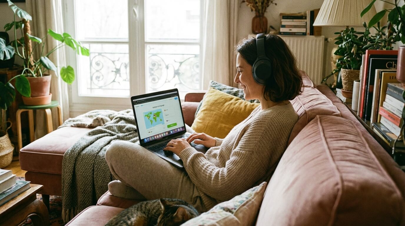 Žena sa učí španielčinu online z pohodlia domova