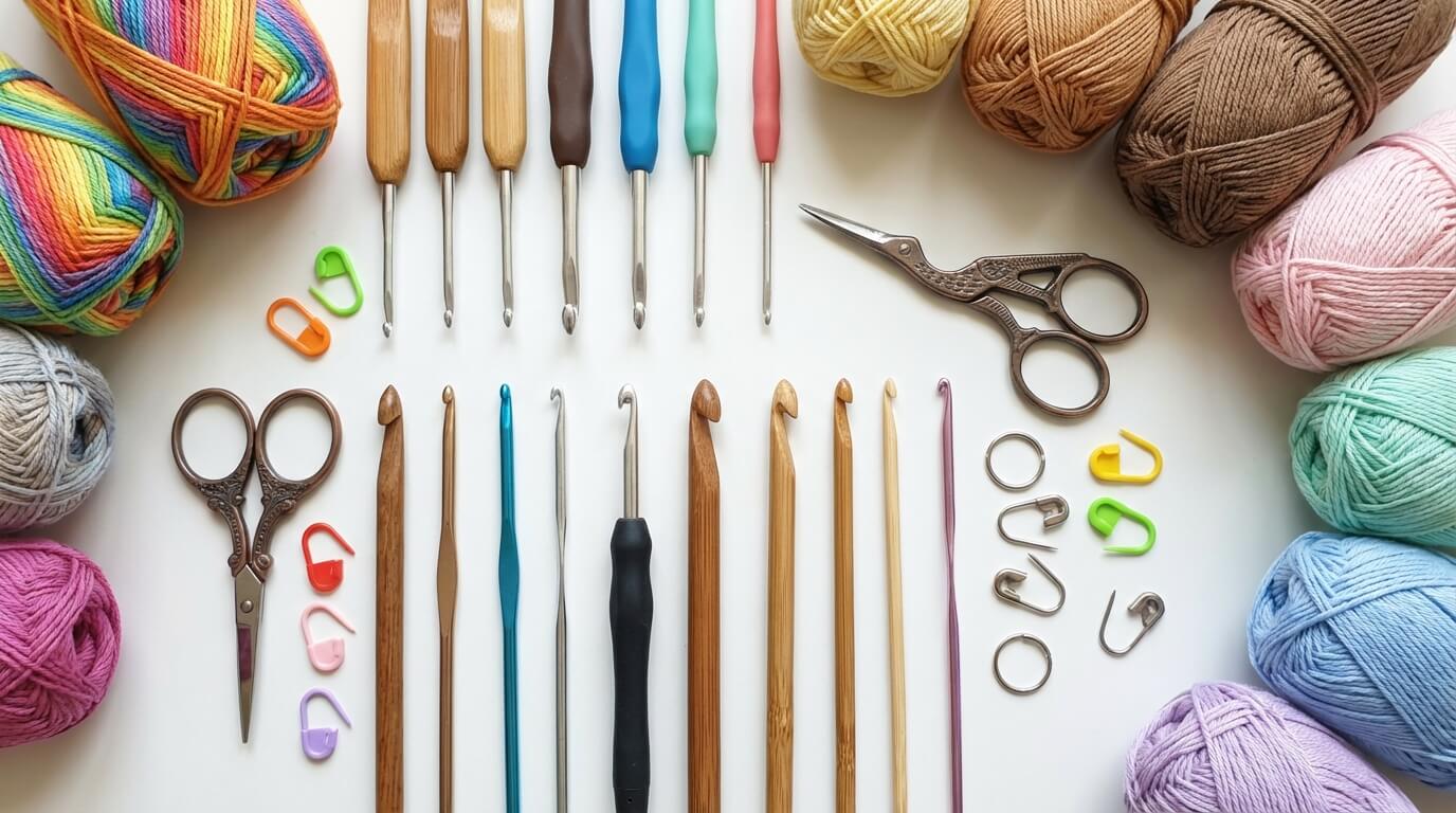 Háčkovací háčky, barevná klubíčka a nůžky