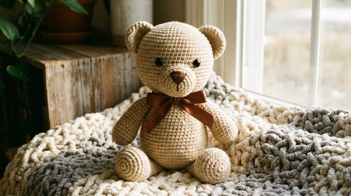 Hotový háčkovaný medvídek na dece