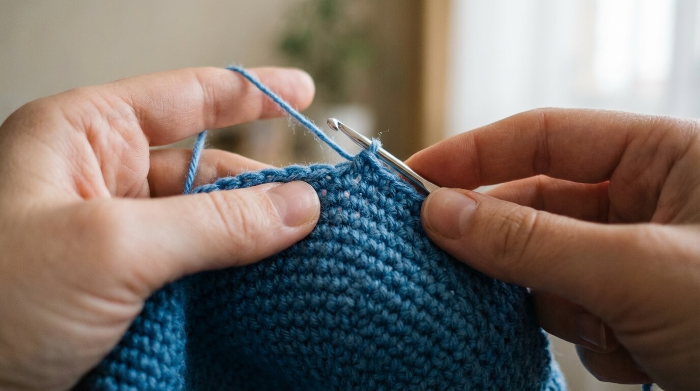 Detail rukou při háčkování hračky