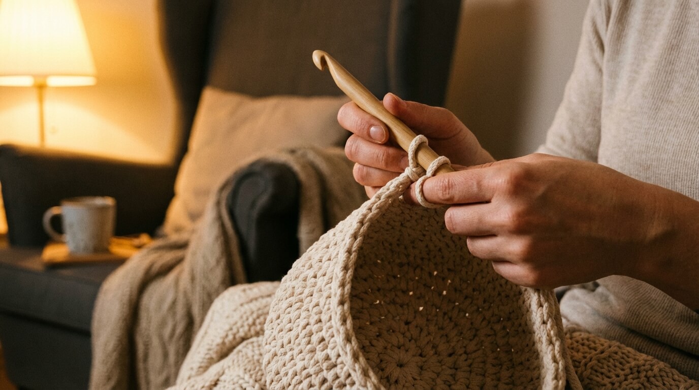 Detail rúk háčkujúcich košík zo silnej bavlnenej šnúry