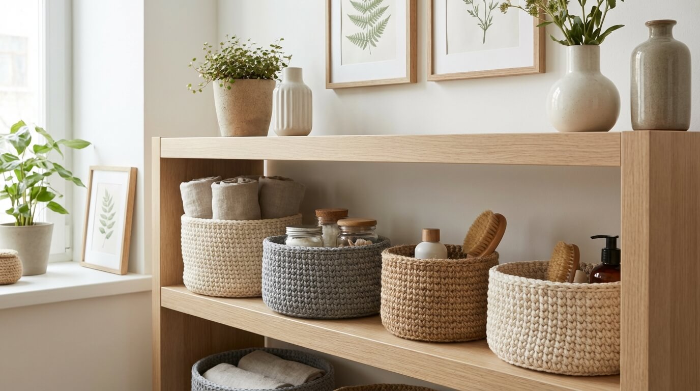 Háčkované košíky v interiéri kúpeľne