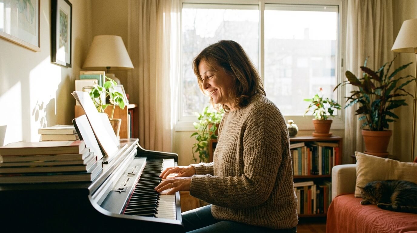 Žena hrajúca na digitálne piano v obývacej izbe