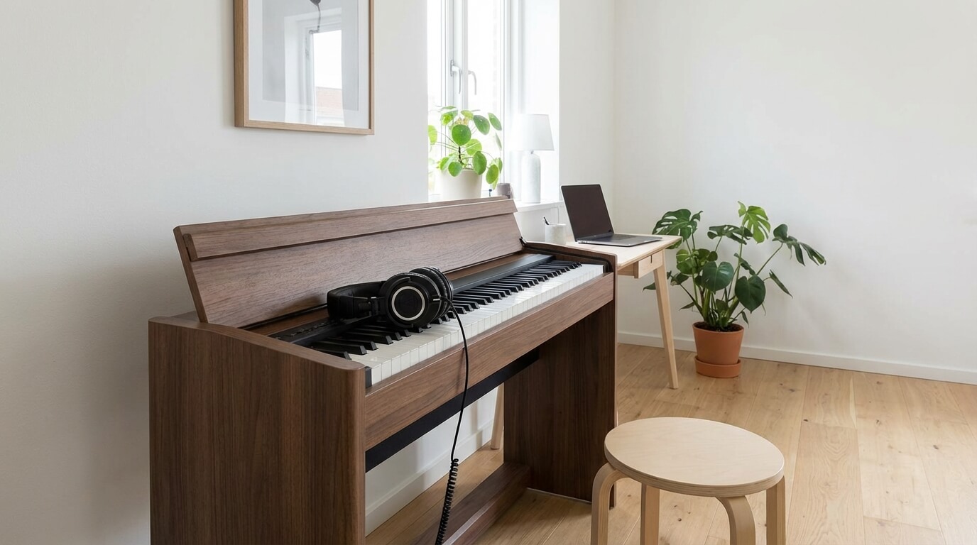 Moderné digitálne piano so slúchadlami v domácom prostredí