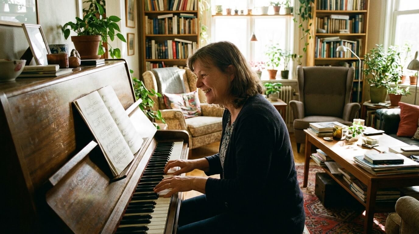 Žena hrajúca na klavíri v domácom prostredí