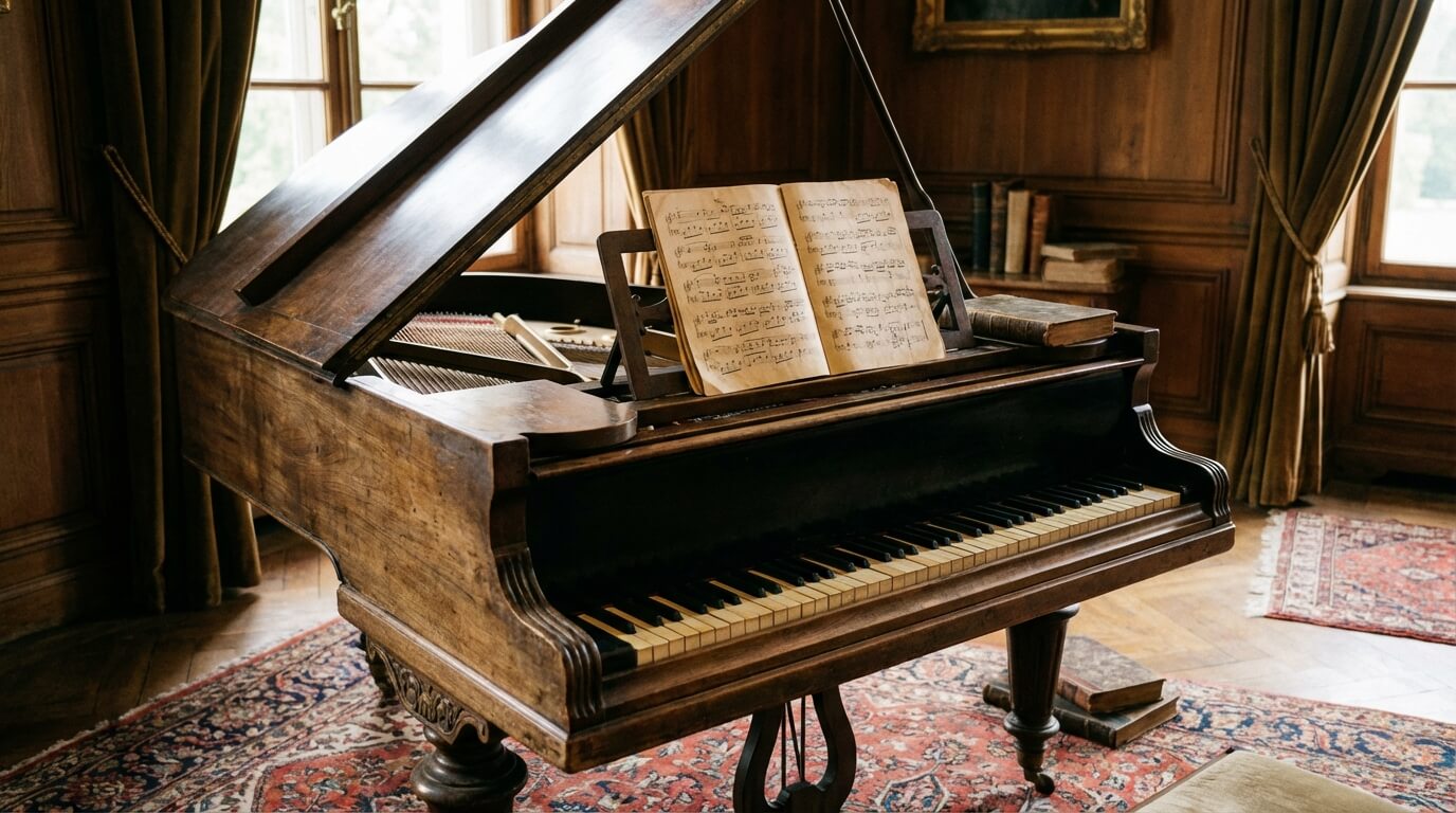 Historický klavír s notami v elegantnom interiéri