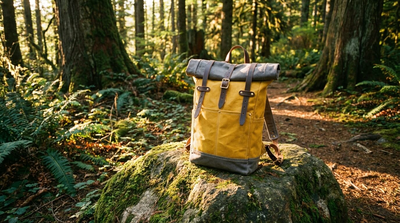 Vlastnoručně ušitý rolovací batoh v přírodě