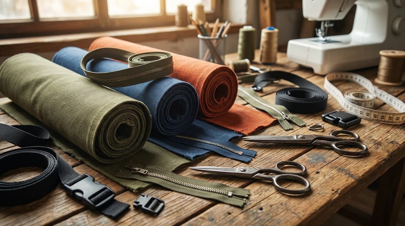 Materiály a pomůcky pro šití batohů včetně látek a zipů