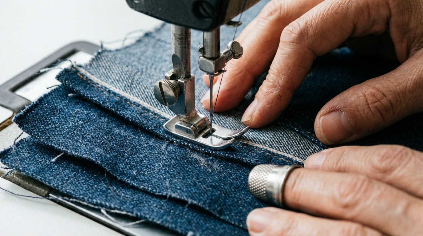 Detail šití silné látky na šicím stroji