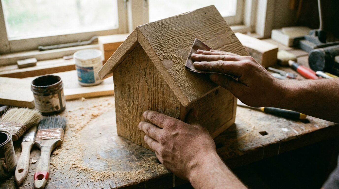 Ruční broušení dřevěného polotovaru domečku smirkovým papírem