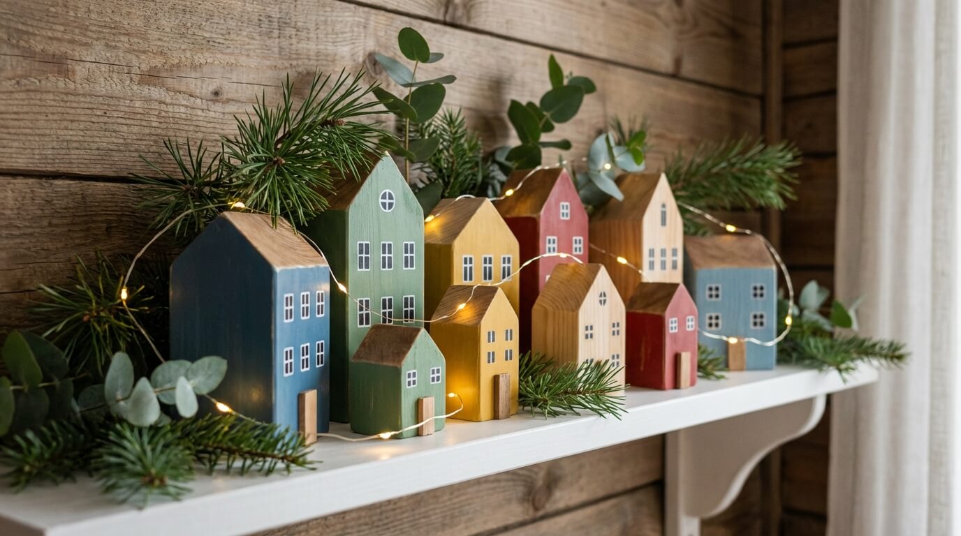 Hotová vesnička z dřevěných dekoračních domečků na poličce