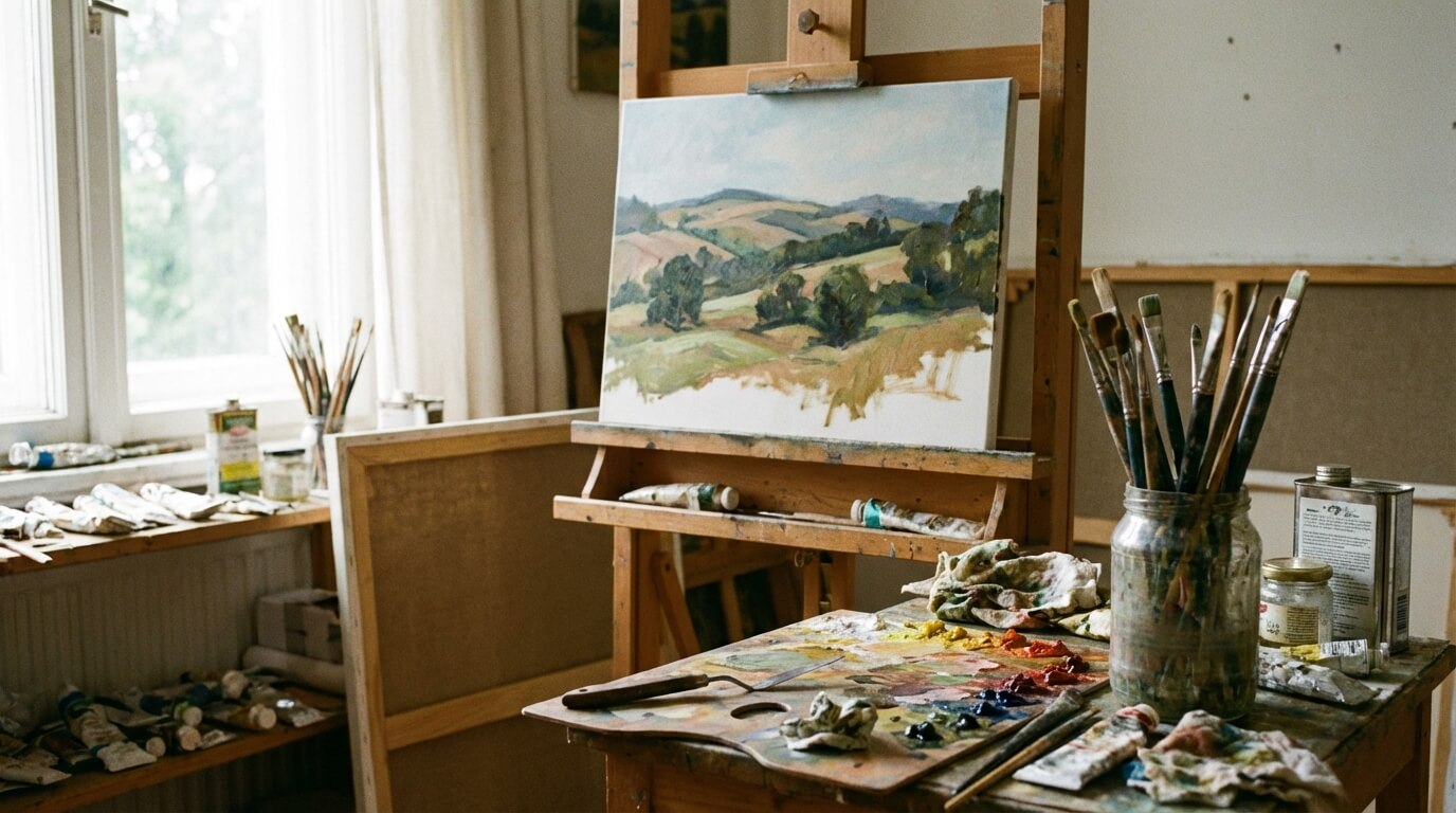 Malířský stojan s plátnem a paletou barev v prosvětleném ateliéru