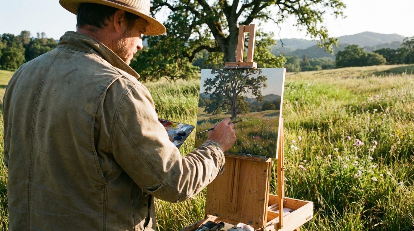 Malování krajiny na plátno v přírodě