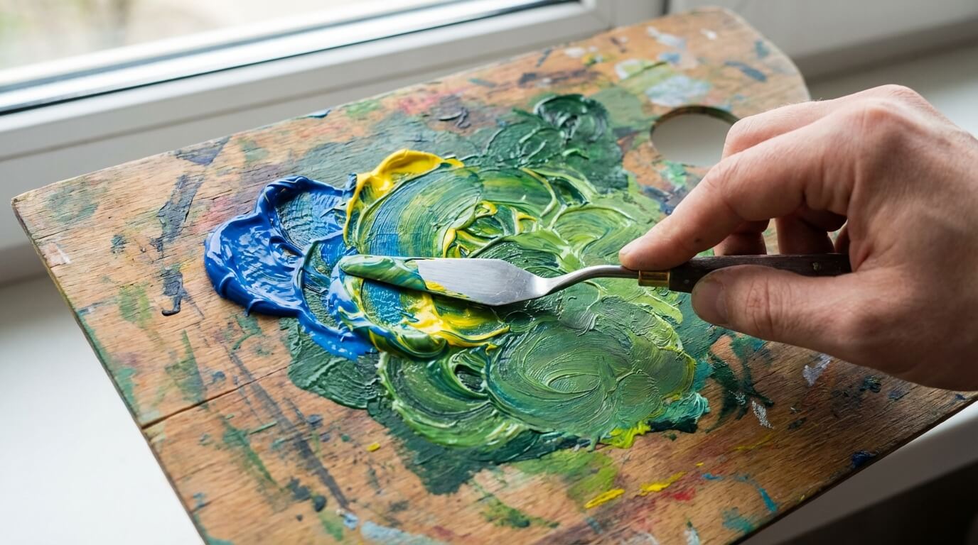 Míchání barev na malířské paletě pomocí špachtle