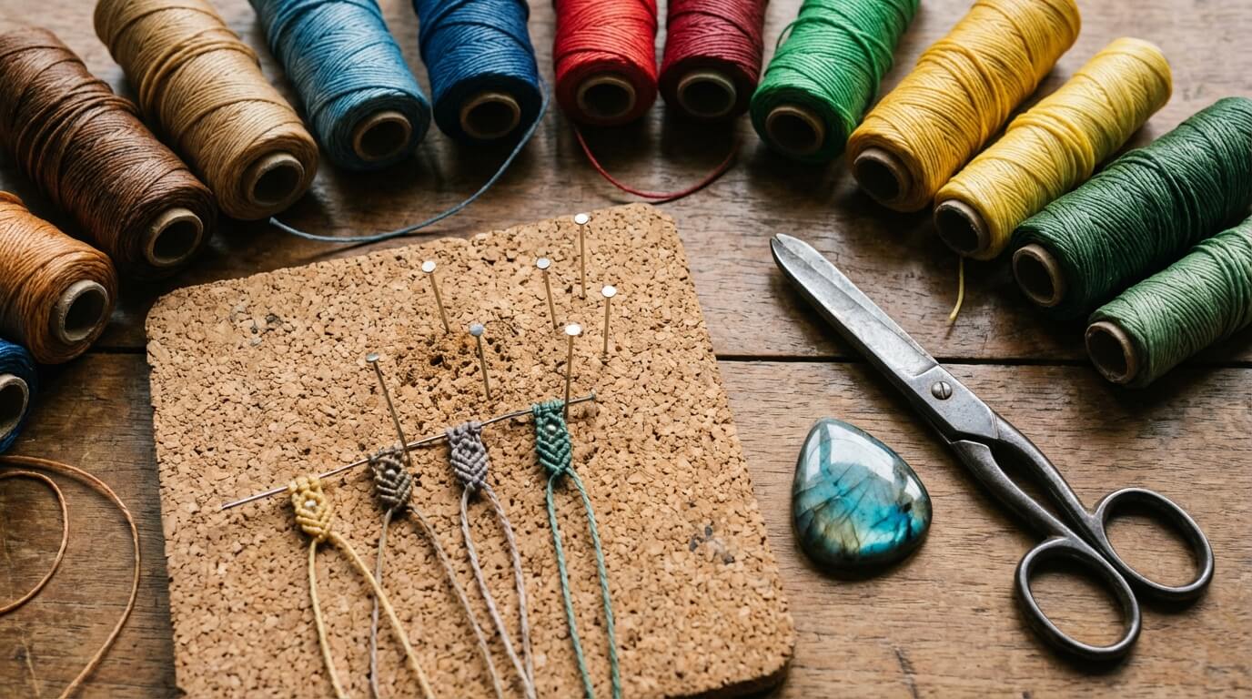 Základní pomůcky pro micro macramé: voskované nitě, podložka, špendlíky a minerál