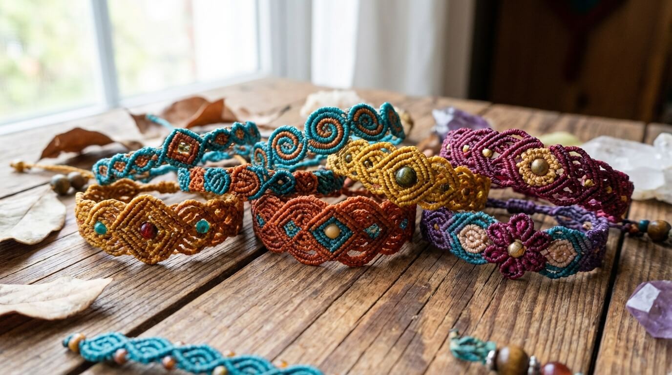 Detailní pohled na barevné náramky vyrobené technikou micro macramé s propracovanými vzory uzlů