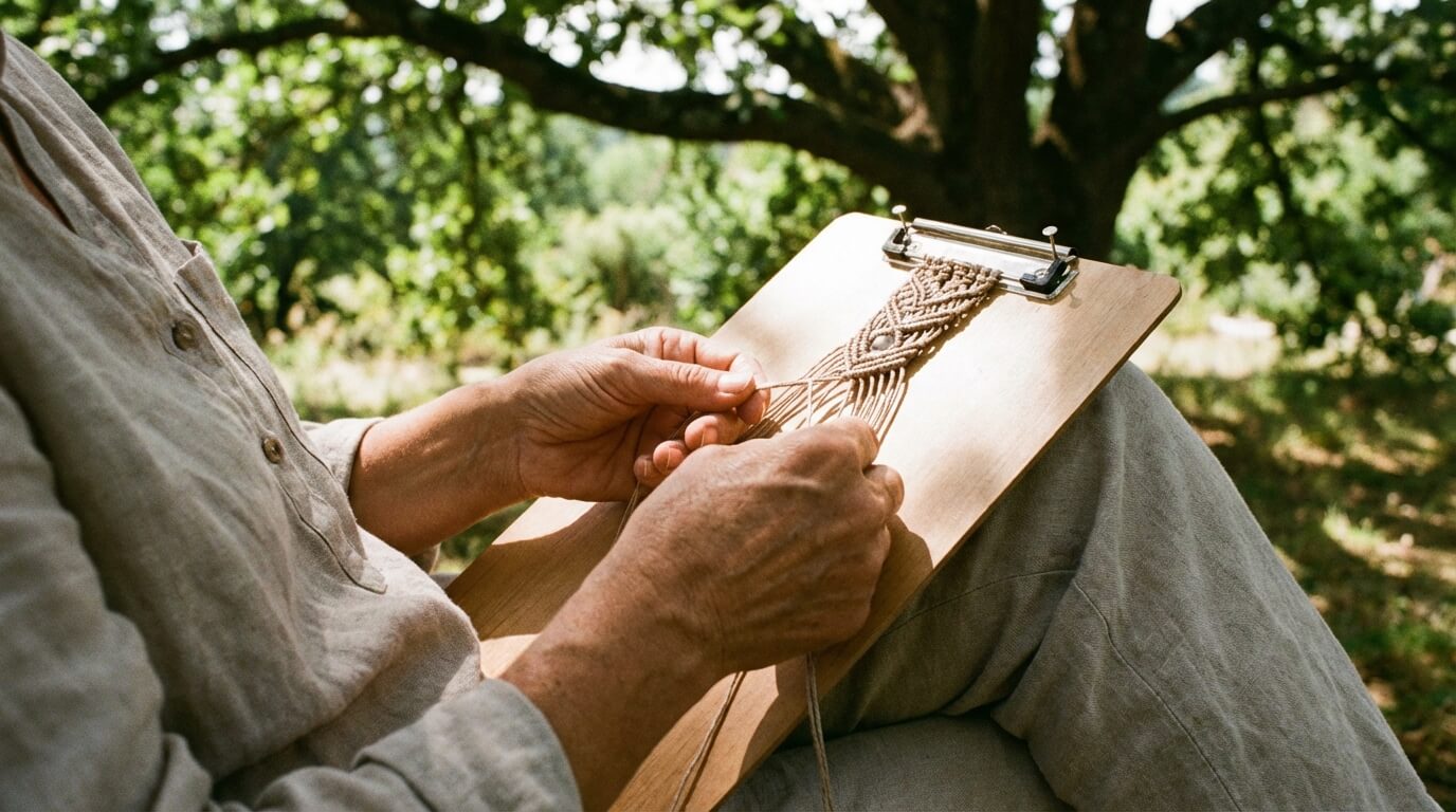 Žena relaxující při výrobě drhaného šperku v přírodě pod stromem