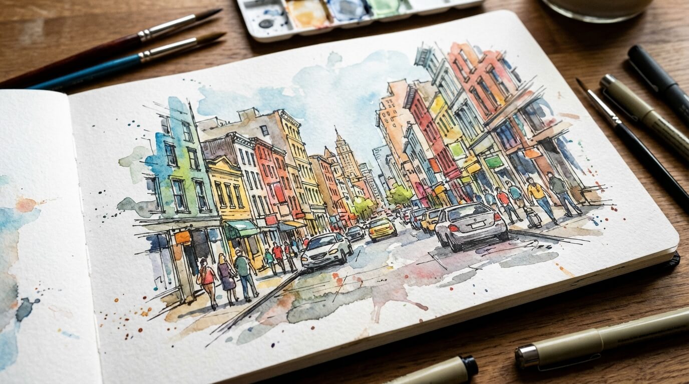 Detail akvarelové skici městské ulice s lidmi a budovami