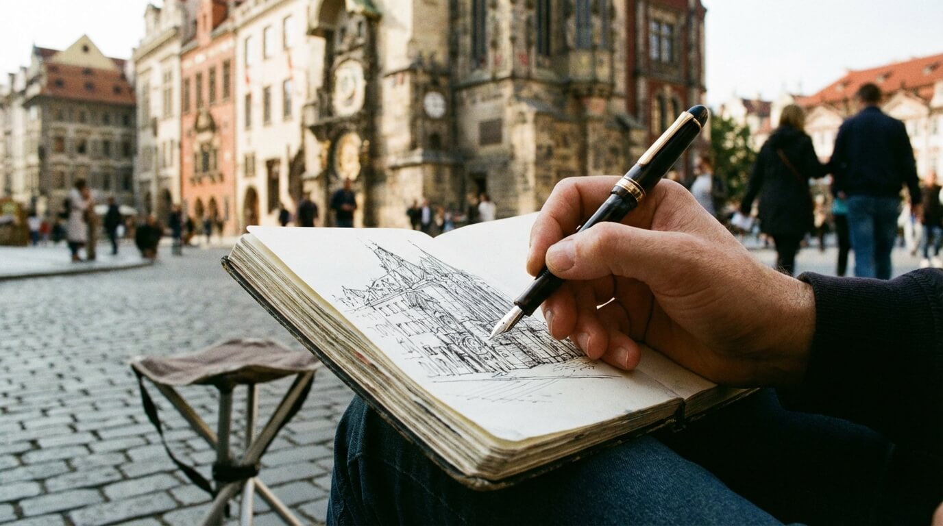 Člověk sedící na náměstí a kreslící historickou budovu do skicáře