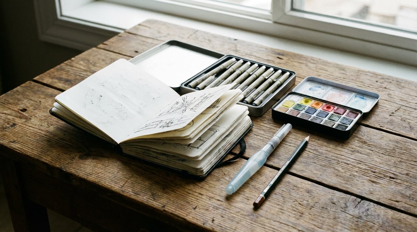 Základní výtvarné pomůcky pro urban sketching včetně skicáře a akvarelu