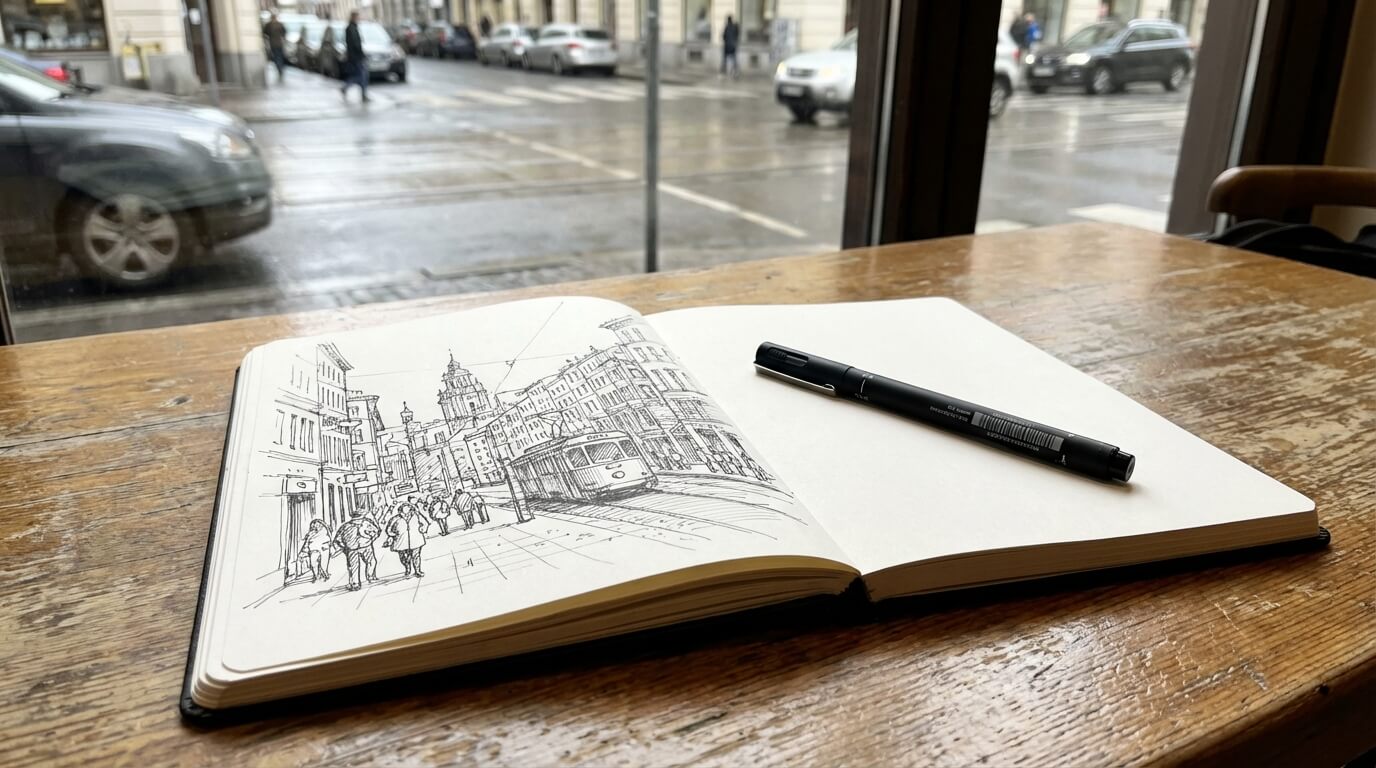 Otevřený skicář s rozkreslenou městskou scénou na stole v kavárně