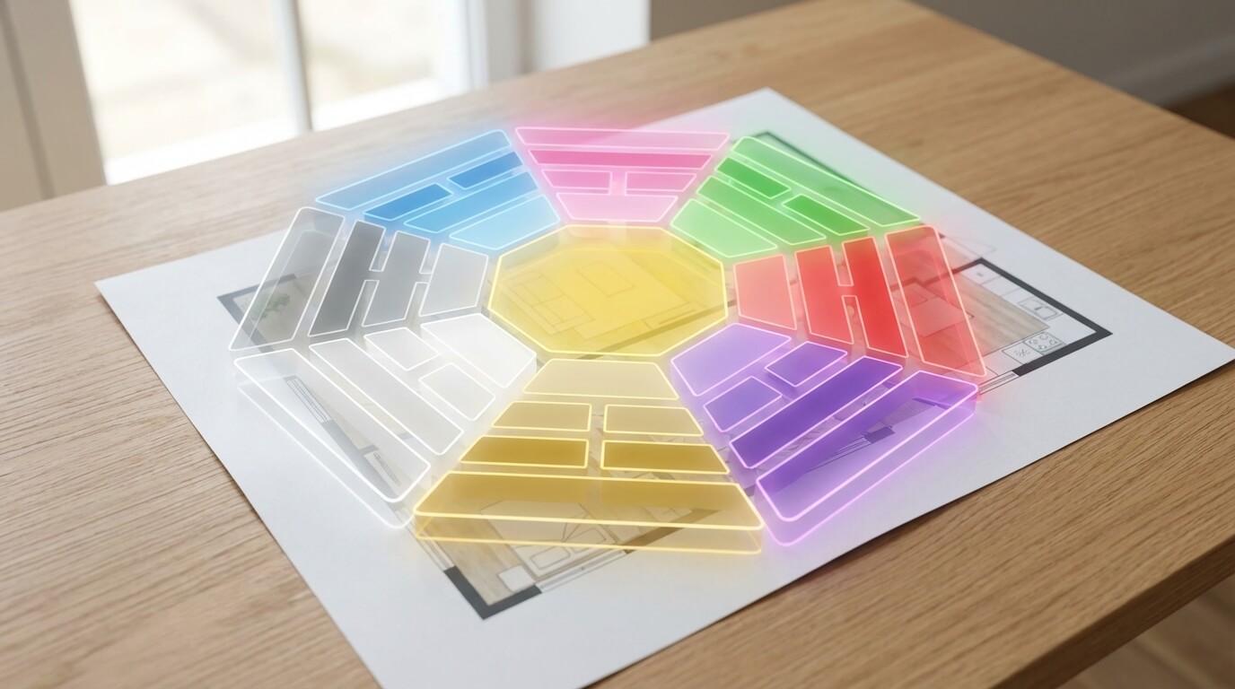 Energetická mapa Bagua položená na pôdoryse bytu zobrazujúca životné oblasti