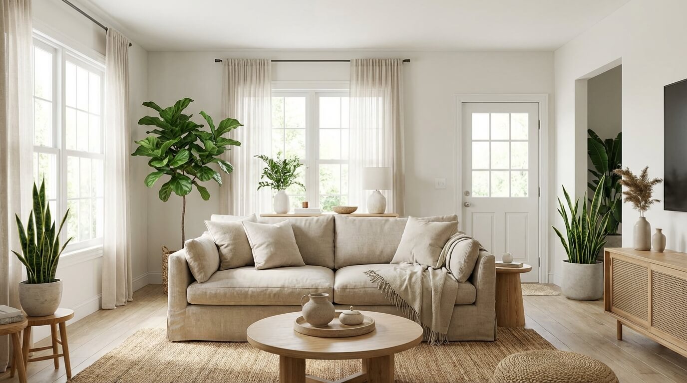 Světlý a harmonický obývací pokoj zařízený podle principů feng shui s rostlinami