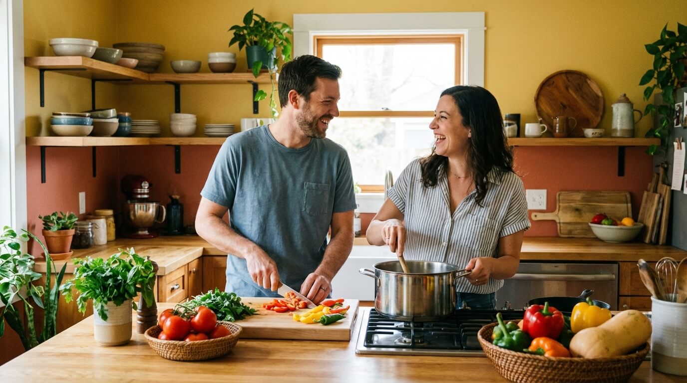 Šťastný pár společně vaří v harmonické kuchyni sladěné do teplých tónů