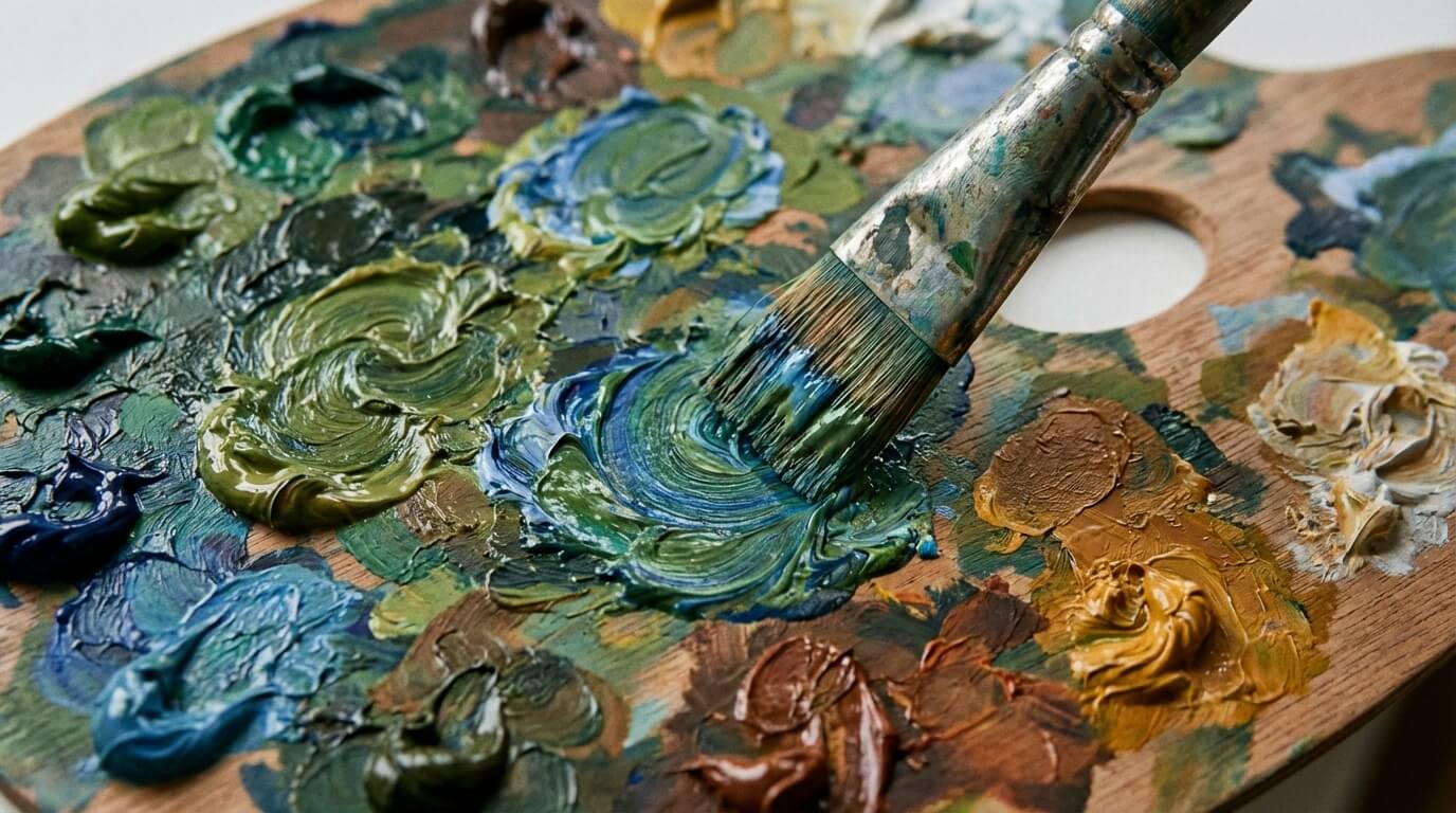 Detail míchání barev na malířské paletě