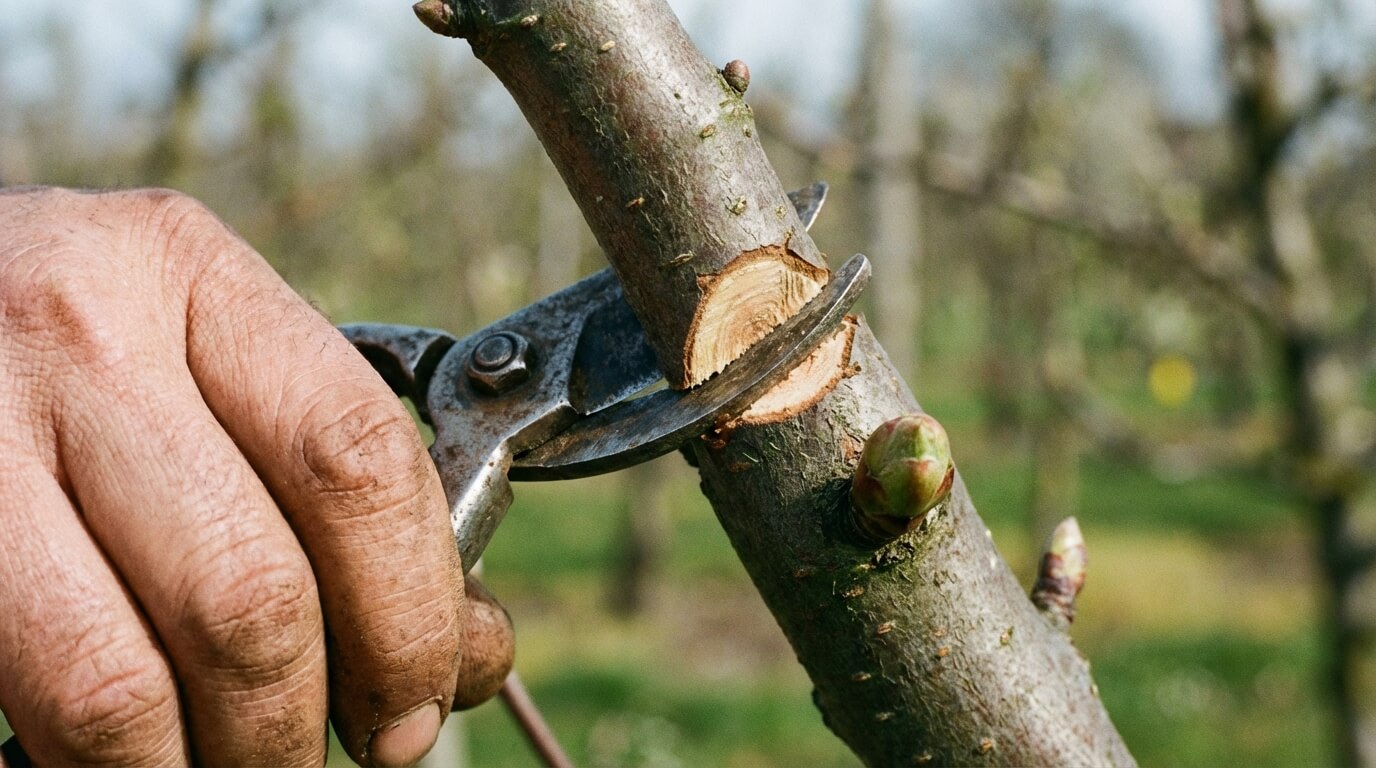 Detail správného řezu větve ovocného stromu zahradnickými nůžkami