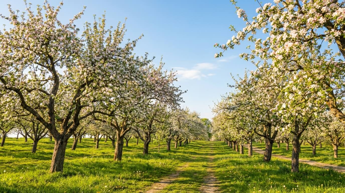 Rozkvetlý ovocný sad na jaře s udržovanými stromy