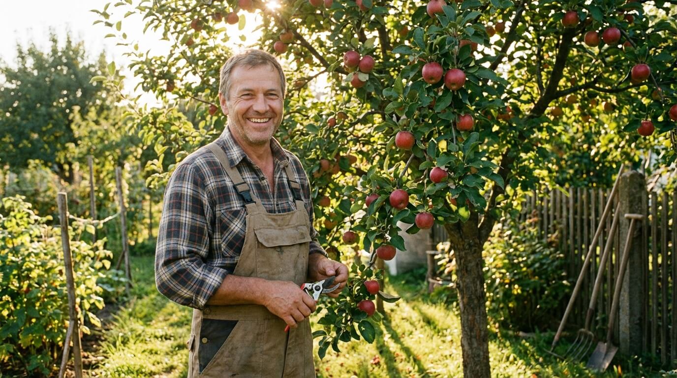Spokojený zahradník u zdravého plodícího stromu