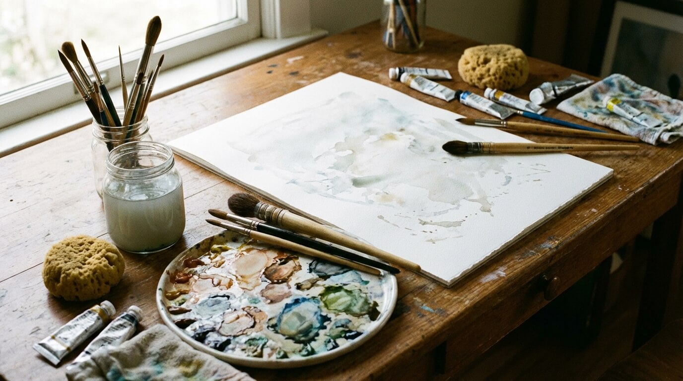 Základní pomůcky pro malování akvarelem na stole