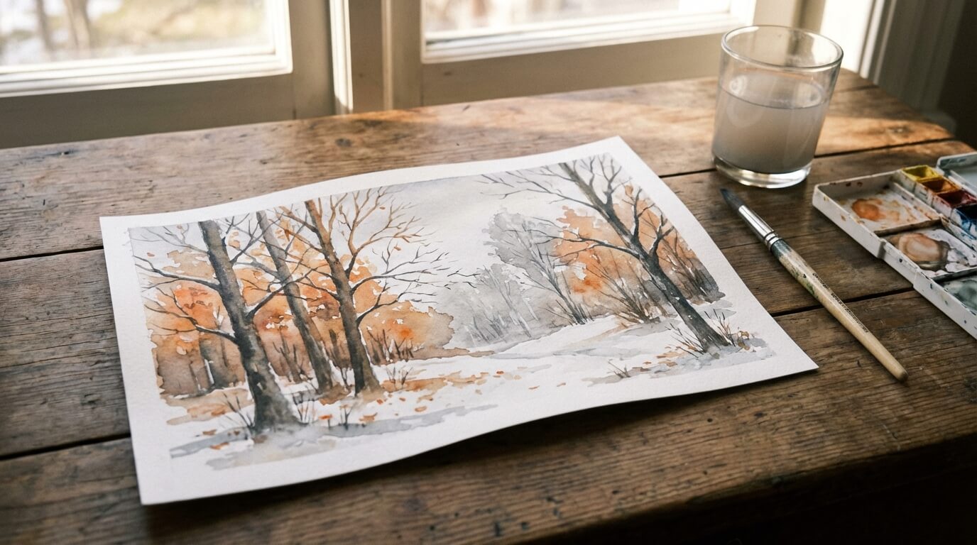 Hotová akvarelová malba krajiny na stole