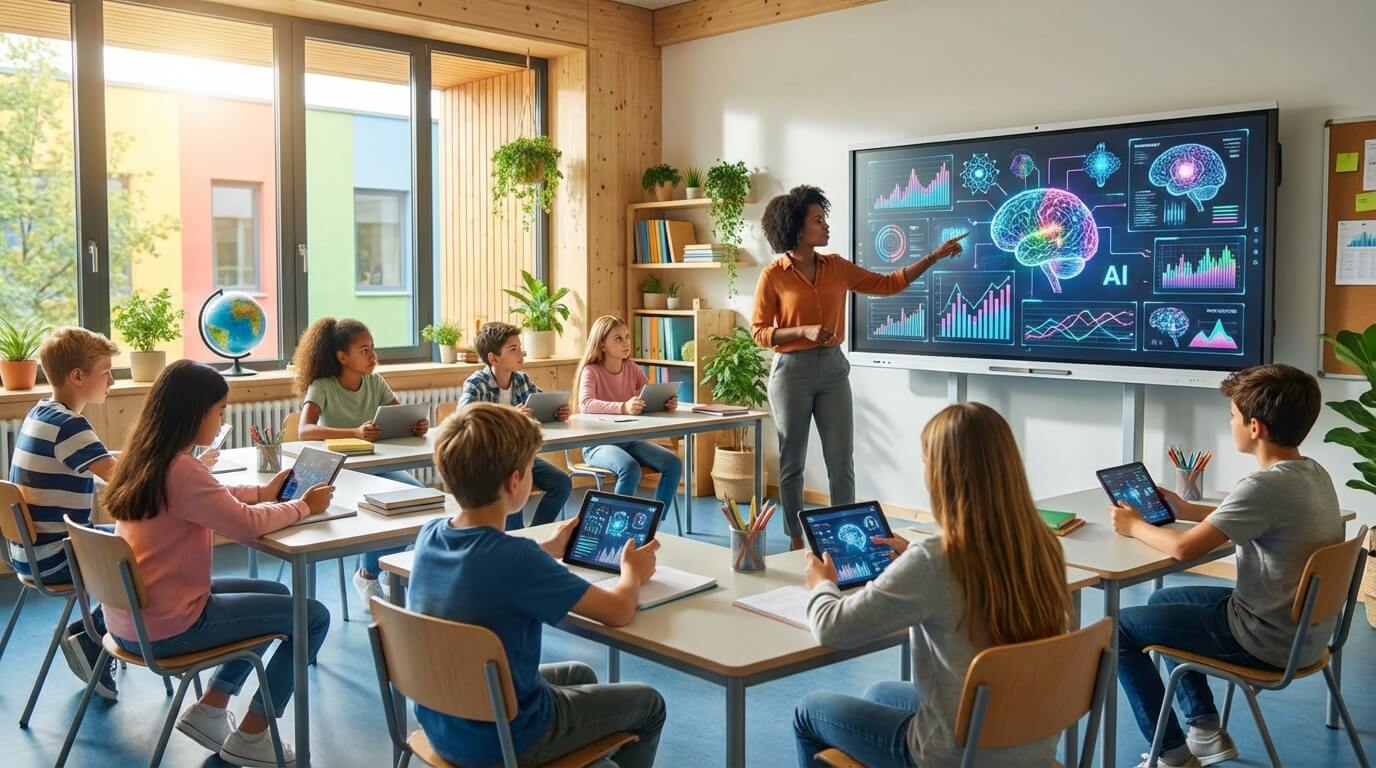 Moderná trieda so žiakmi využívajúcimi tablety pri výučbe