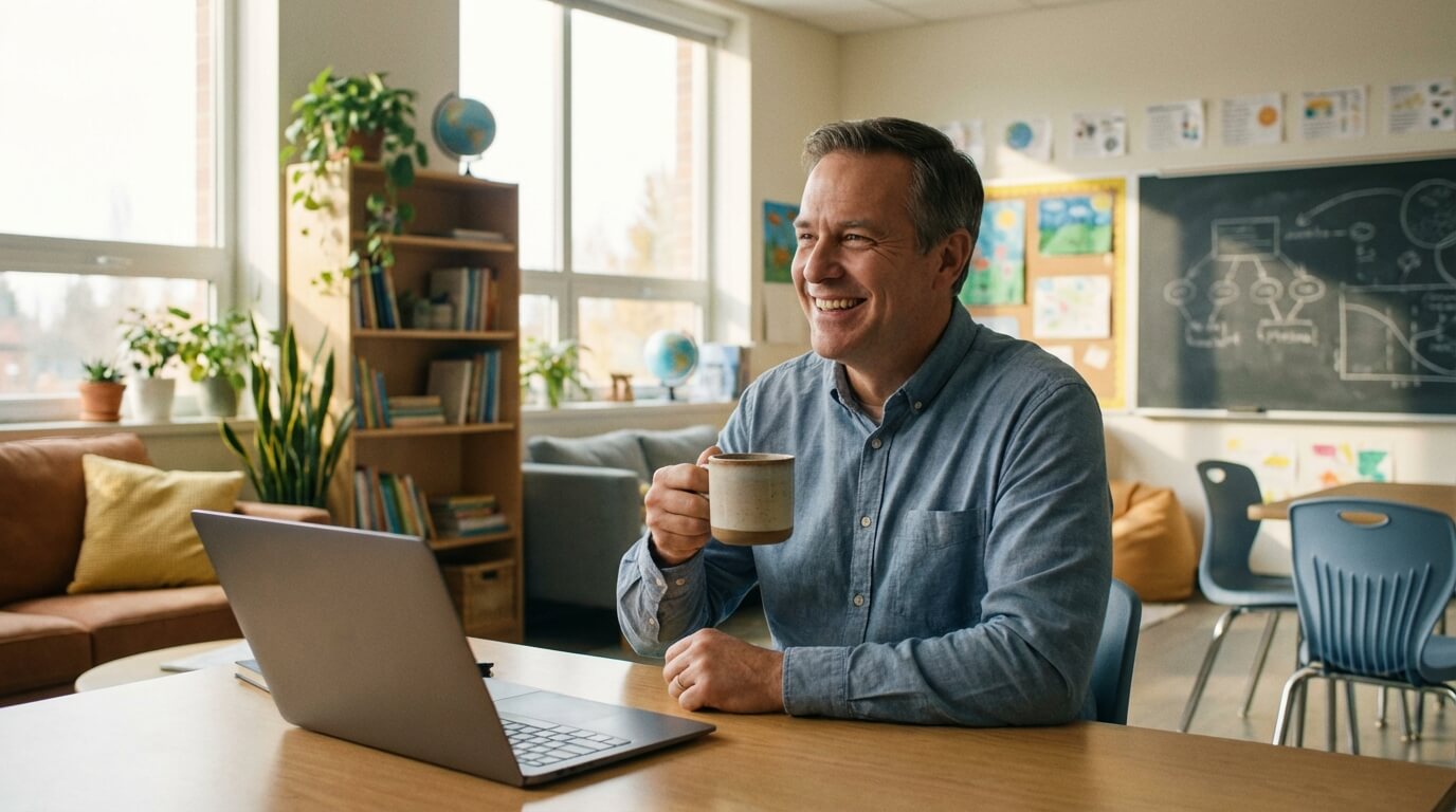 Učiteľ pracujúci spokojne na notebooku v triede